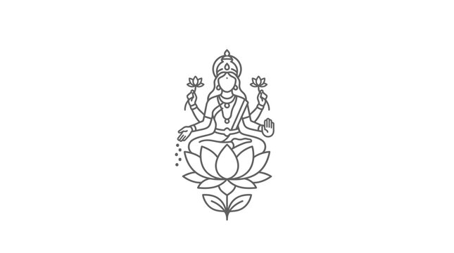 Minimalist Line Art Illustration of Goddess Lakshmi Sitting on a Lotus Flower for Diwali Festival