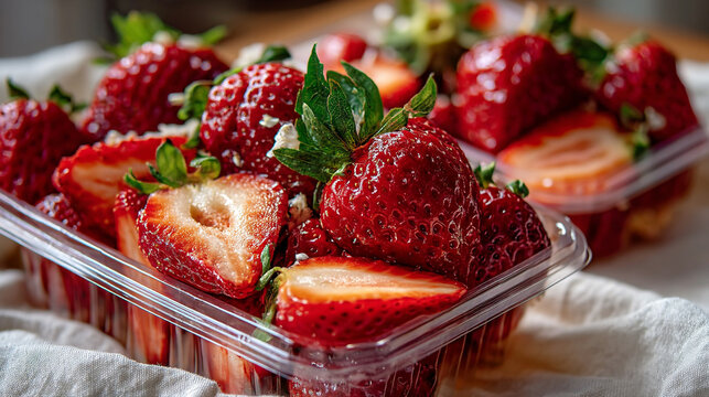 Fresh ripe strawberries in a clear plastic clamshell container on a white cloth with strawberry