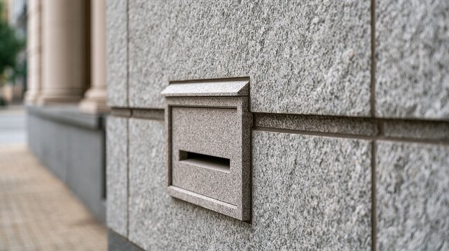 Close-up of a discreet modern mailbox slot built into a granite building exterior