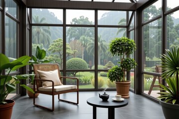 Fototapeta premium Glass-walled room with lush tropical plants