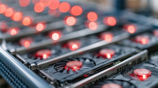 Close up of a row of computer graphics cards with glowing red lights, symbolizing cryptocurrency mining or high-performance computing