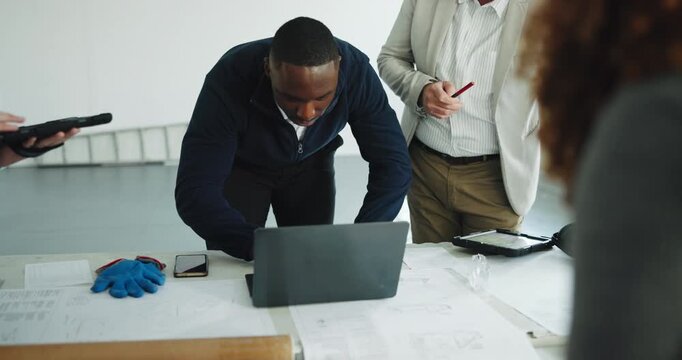 Architect, team and laptop in office for development, construction review or building evaluation. People, architecture and planning with computer, design or typing report for engineering blueprint