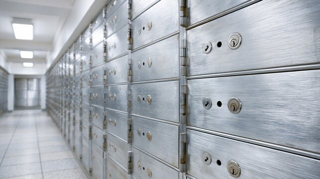 Rows of Secure Safety Deposit Boxes in a Bank Vault Corridor with Keys and Locks