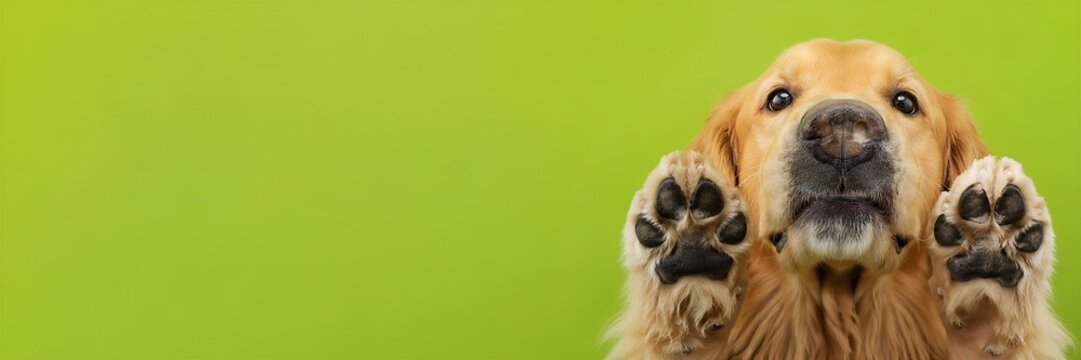 Golden retriever dog pressing paws against glass window. Funny puppy looking through transparent surface with nose and paw prints.