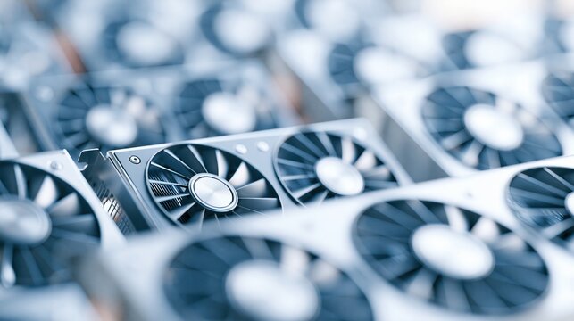 Rows of High Performance Graphics Cards with Fans Cooling Technology for Computer Systems