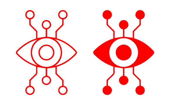 abstract eye tech icon with circuit connection nodes in outline and solid style representing digital vision security system isolated png design.
