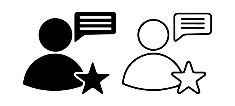 user profile feedback icon with chat bubble and rating star in outline and solid style review and customer experience isolated png design.