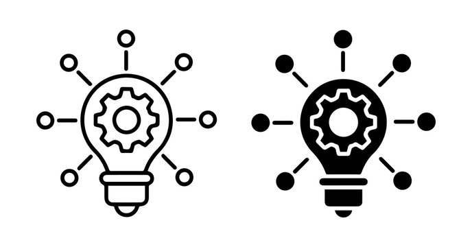 creative light bulb idea icon with gear concept.connection nodes in blue outline and solid style. Technology thinking solution isolated png design.