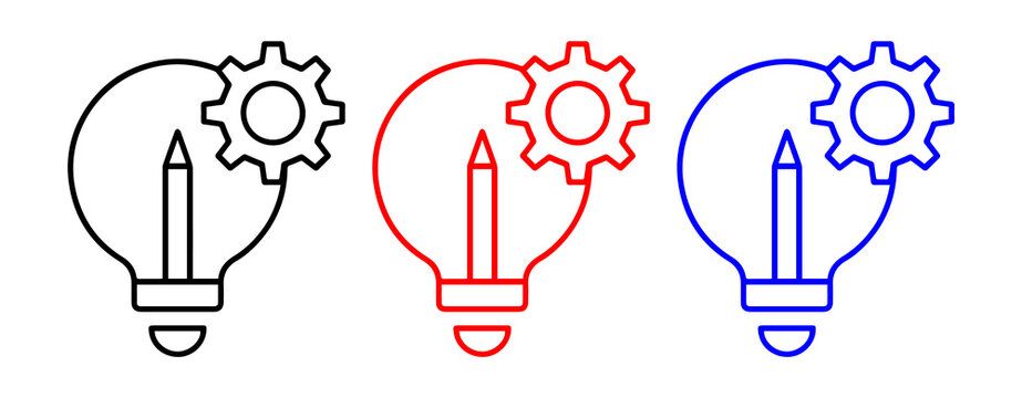 creative light bulb idea icon with pencil and gear in multicolor outline style representing innovation design process and thinking concept isolated png set.