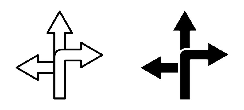multi direction arrow sign icon showing navigation paths and route selection in red outline and solid style for decision making concept isolated png design.