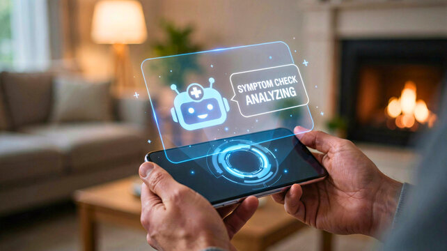 Hands holding smartphone displaying AI medical chatbot interface for symptom check analysis in living room