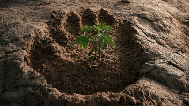 Small plant sprouting from fertile soil within a large paw print impression
