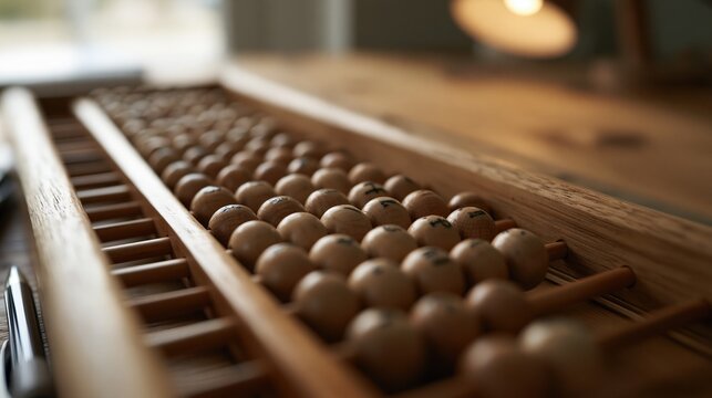 Close-up of a traditional wooden abacus with beads neatly arranged on rods, symbolizing calculation and education