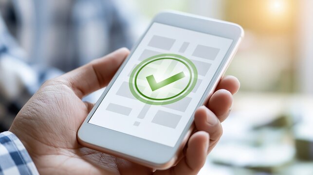 Close-up of a hand holding a smartphone displaying a green checkmark icon, indicating successful completion or confirmation.