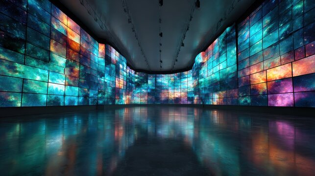 Futuristic digital art gallery interior with glowing galaxy video wall screens. Ideal for immersive.