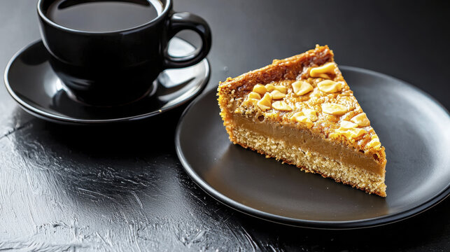 Delicious slice of cake with nuts served alongside cup of coffee, creating perfect pairing for dessert lovers