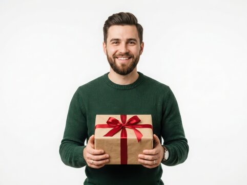 Happy bearded man holding a brown gift box with a red ribbon for a birthday or holiday celebration isolated on white background , png