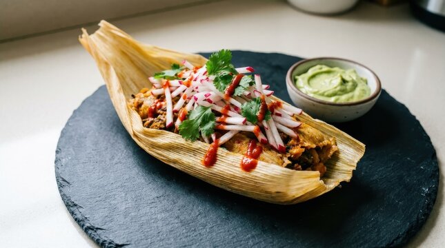 Authentic Mexican Tamale Wrapped in Corn Husk Topped with Fresh Sliced Radishes Cilantro and Spicy Red Sauce served on a Rustic Slate Plate
