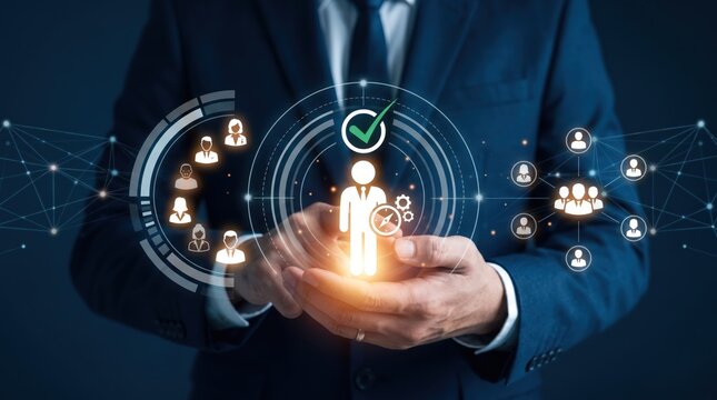 Human resources talent management, employee selection and recruitment process, team building and leadership development, professional networking icons and approval checkmark symbol