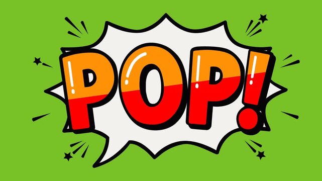 Animated video footage featuring a bold Pop comic speech bubble on a green screen background