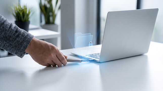 Hand Connecting External USB Storage to Laptop with Secure File Protection Concept
