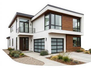 Fototapeta premium Modern luxury two story residential home with garage and wood accents featuring contemporary architectural design isolated on white background , png