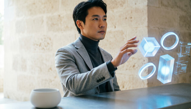 A professional businessman interacts with glowing holographic shapes in a modern office.