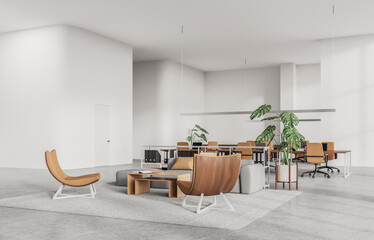 Fototapeta premium Contemporary office lounge with tan chairs, gray sofa, desks, and tropical plants in minimalist interior, concept of productivity, 3D Rendering