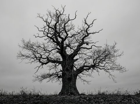 Large bare oak tree standing alone in a field during a gloomy winter day