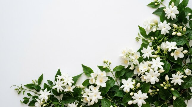 Beautiful white jasmine flowers arrangement frame on white background aesthetic flat lay floral botanical template for wedding invitation or greeting