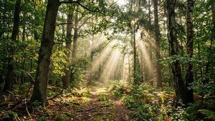 Fototapeta premium Majestic sun rays filtering through green trees in a dense forest during a peaceful morning in nature