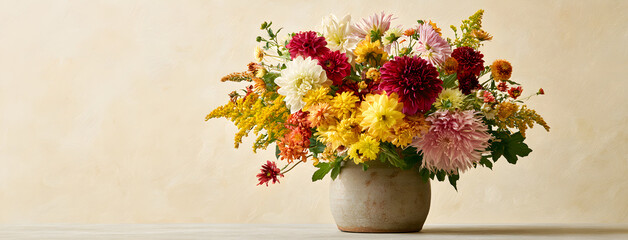 Obraz premium Autumn arrangement featuring elegant flowers against a subtle backdrop. Florist's embellishment. Natural floral setting.