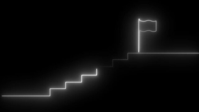Glowing Neon Stairs to Flag Icon Animation Career Success Progress Goal Symbol Loop Isolated Black Background Motion Graphic Video