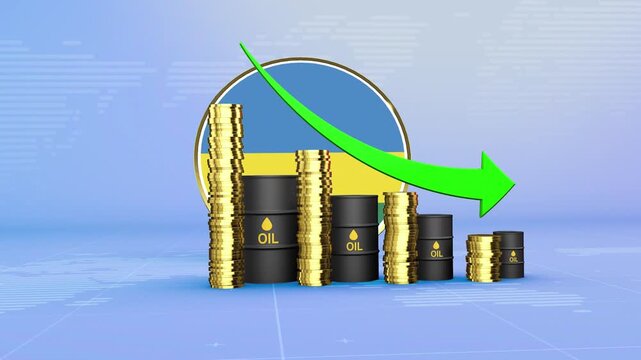 Rwanda Oil Prices Decline with Oil Barrels, Gold Coins and Downward Green Arrow, 3D Economic and Financial Market Concept