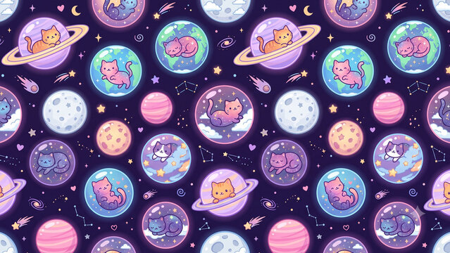 Seamless pattern featuring cute cats in space with planets and stars.
