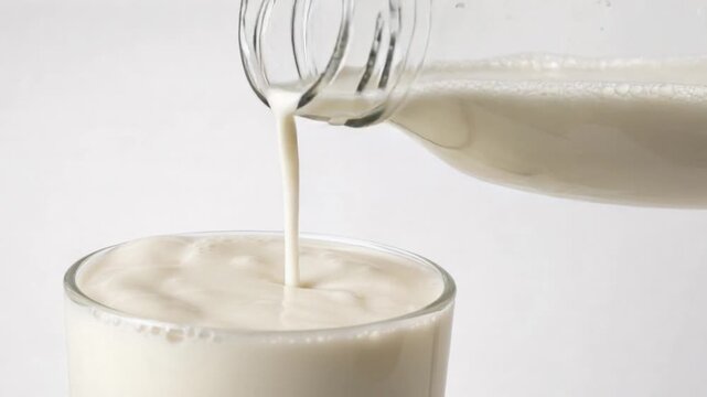Fresh creamy milk pouring from a glass bottle into a clear glass cup on white background