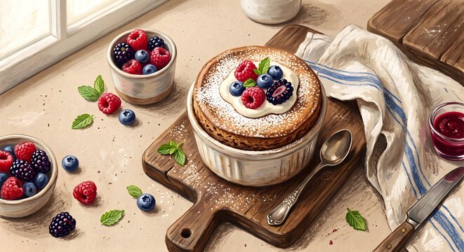 Artistic oil pastel style gourmet french souffle dessert still life on sand background