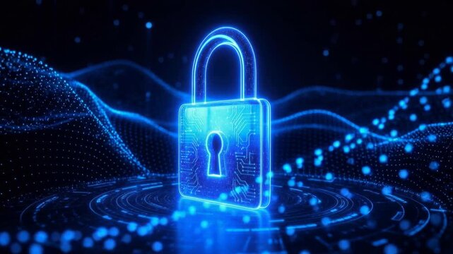 Futuristic digital padlock glowing blue with technology background representing cybersecurity and data protection