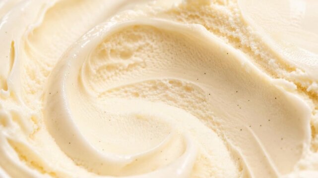Close up of creamy vanilla ice cream texture with vanilla bean specks and smooth swirls