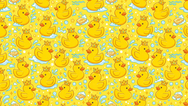 Seamless pattern with cute yellow rubber ducks wearing crowns.