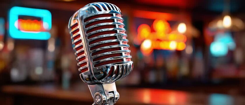 Retro Microphone on Bar Counter: A vintage microphone stands ready on a bar counter, with a softly blurred background of colorful neon lights and bottles.