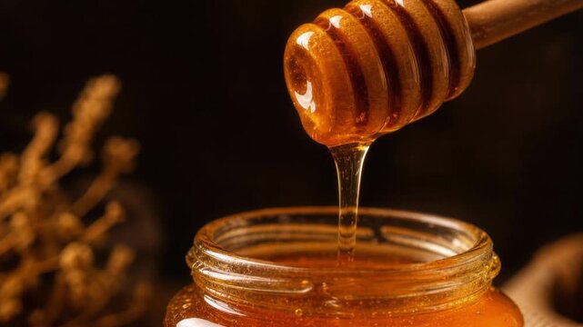 Close up of golden honey dripping from wooden honey dipper into glass jar with dark background