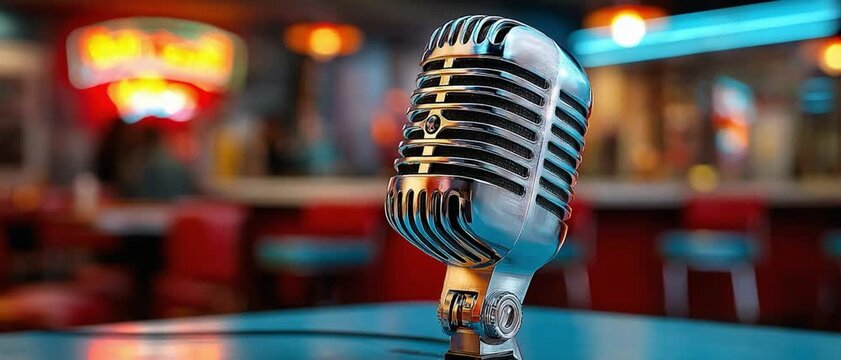 Vintage Microphone on Bar Counter: A classic retro microphone stands ready on a vibrant bar counter.