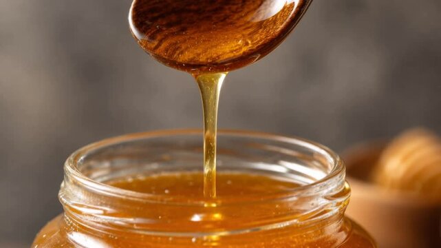 Close up of golden honey dripping from wooden spoon into glass jar natural sweet organic food
