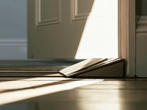 A threshold ramp wedge has been installed at the transition of the doorway, seamlessly bridging the gap over the plain floor that is illuminated by sunlight