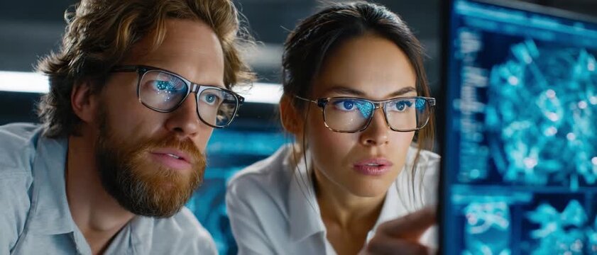 Scientific Breakthrough: Two scientists in a lab, focused intently on a complex digital display, are engrossed in a moment of discovery, hinting at a significant scientific advancement.