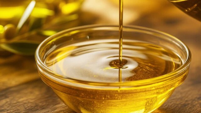 Golden olive oil pouring into glass bowl on wooden surface with olive branches background