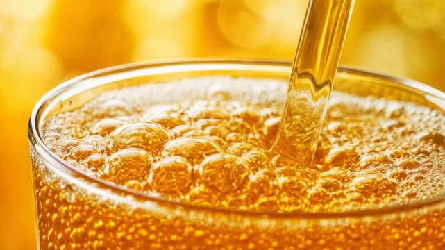 Close up of golden soda or beer being poured into a glass with bubbles and foam