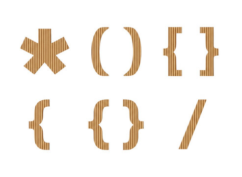 Set of brown wooden texture math and punctuation symbols including brackets and asterisk
