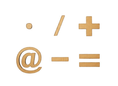 Set of cardboard math symbols and punctuation marks including at sign plus minus and equal signs